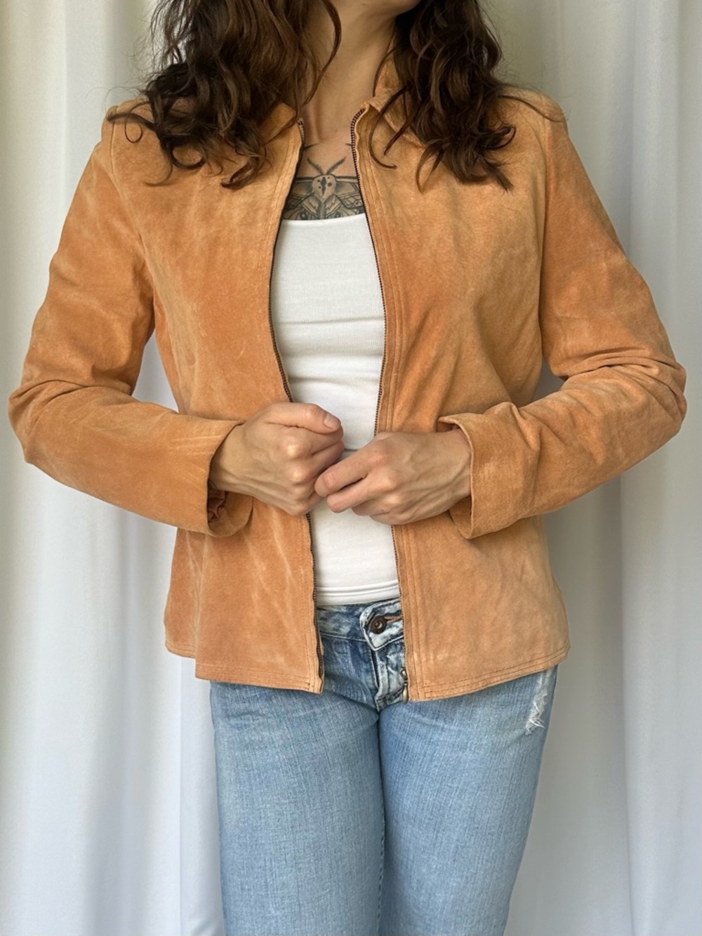 Vintage Charter Club Suede Leather Jacket Tan M 90s Y2K Fitted Zip Up